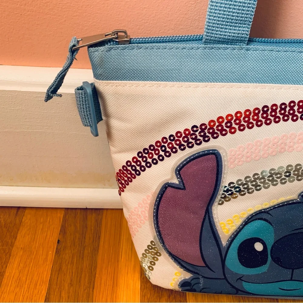 Disney Stitch Lunch Box Blue White Sequins Rainbow Used